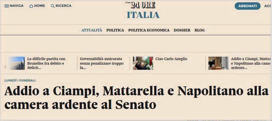 Addio a Ciampi, Mattarella e Napolitano alla camera ardente al senato