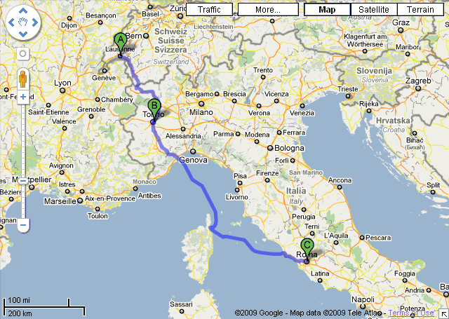 Losanna - Torino - Roma secondo google map