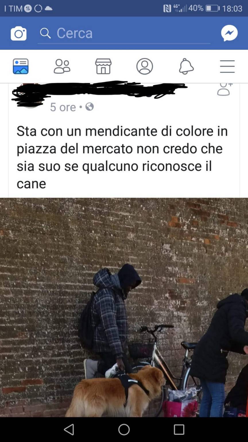 Sta con un mendicante di colore in piazza del mercato non credo che sia suo qualcuno riconosce il cane