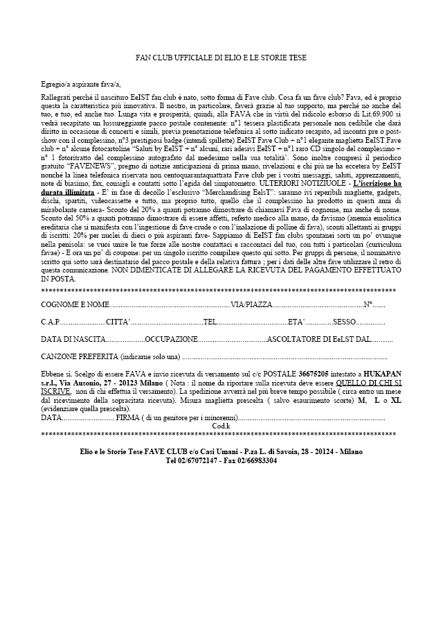 vecchio modulo di iscrizione del Fave Club