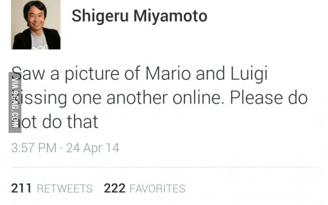 Saw a picture of Mario and Luigi kissing one another online. Please do not do that