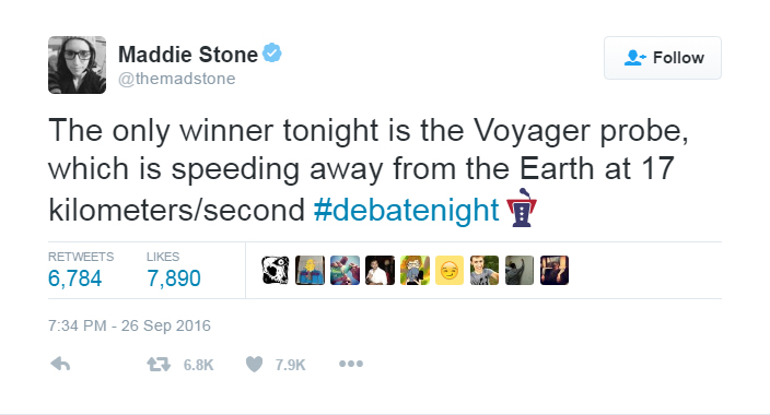 The only winner tonight is the Voyager probe, which is speeding away from the Earth at 17 kilometers/second